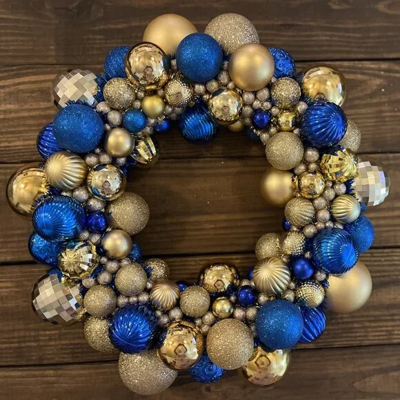 Handmade Blues & Golds Shatterproof Ball Wreath Gender Party Shower Christmas Wreaths
